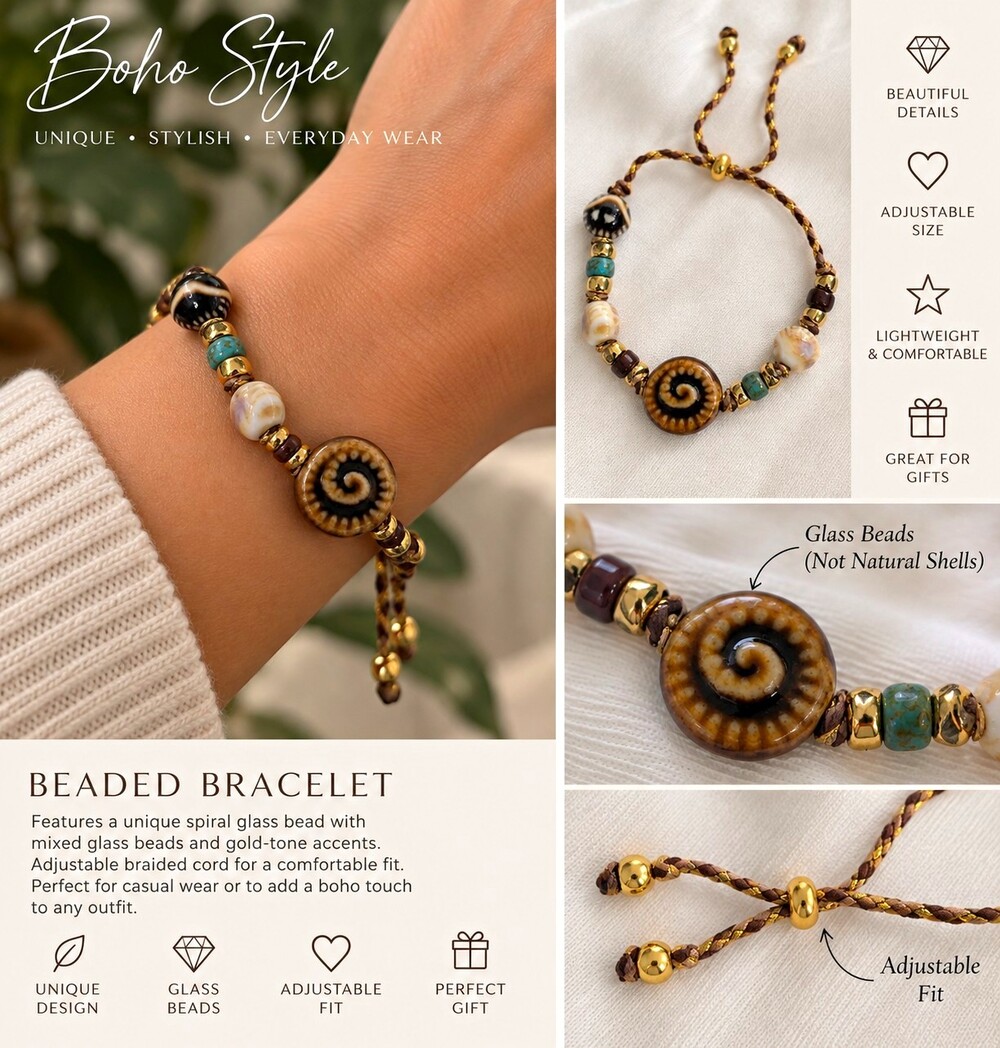 Boho Adjustable Slide Beaded Bracelet Multicolor Round Glass Beads
